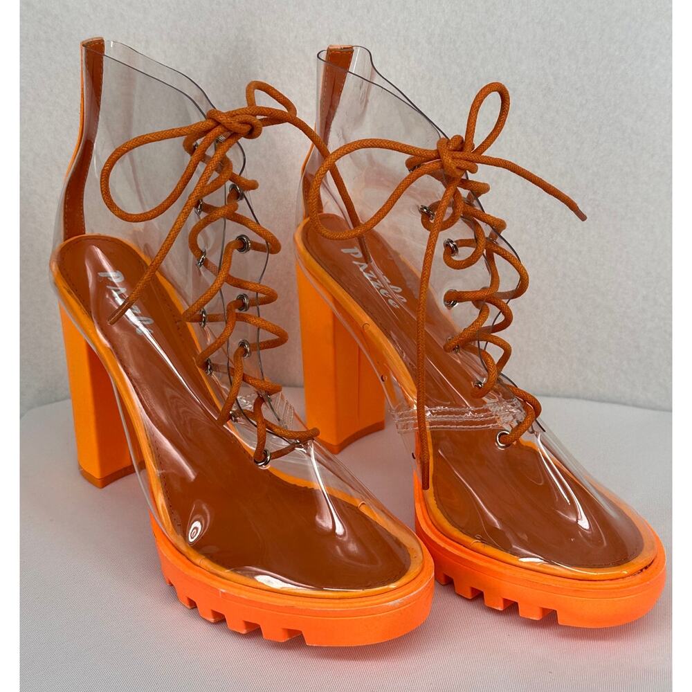 Pazzle Clear Lace Up Chunky Lug Neon Orange Sole Boots 9